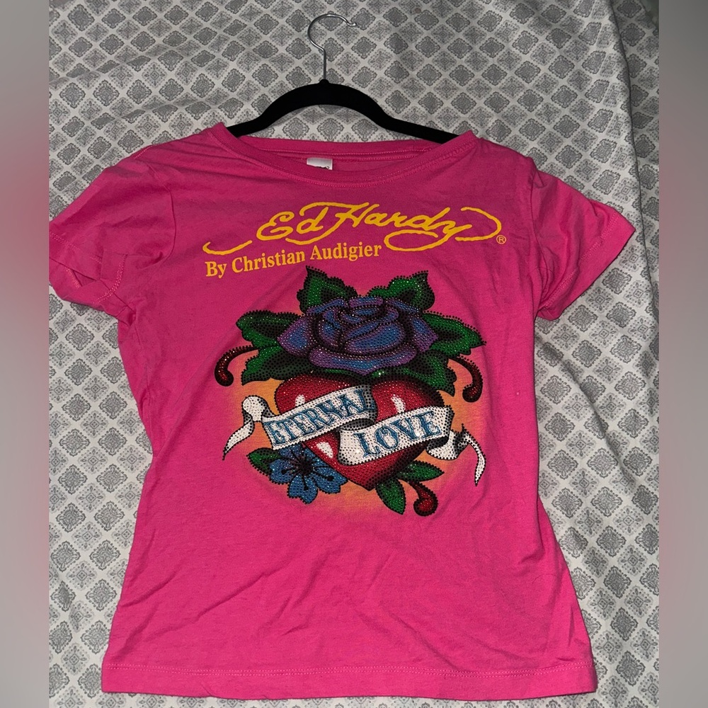 Ed Hardy Fuchsia Tee with Rose Graphic